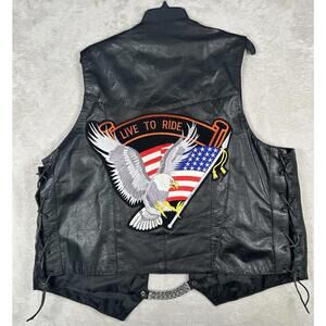 Black Leather Biker Vest Mens 3XL Motorcycle Live To Ride Texas USA Flag Eagle